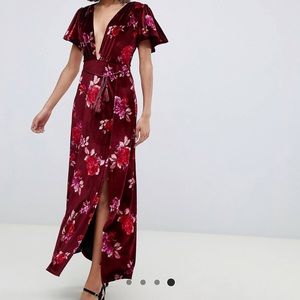 ASOS DESIGN Velvet Floral Dress with Tassel Belt